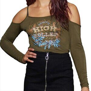 HIGH DEMAND High roller cannabis graphic long sleeve cold shoulder top